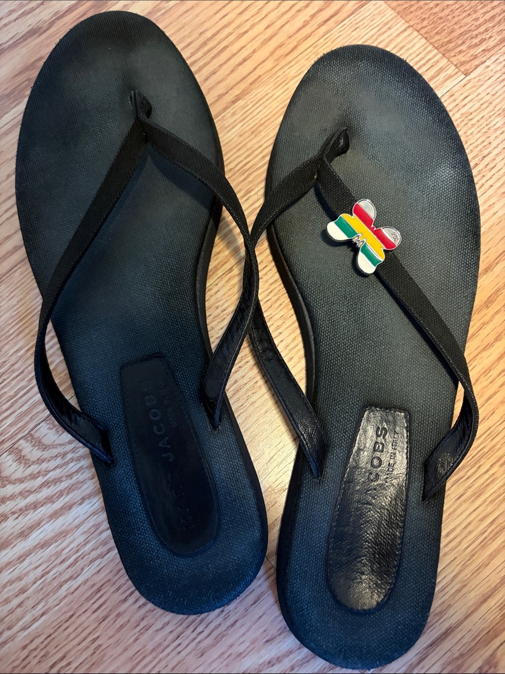 Marc Jacobs Black Flip Flop Sandals with Colorful Butterfly Charm